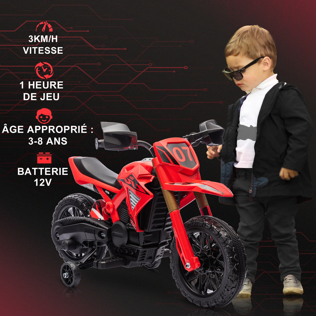 Moto cross électrique pour enfants 3-8 ans, batterie 6 V, 2 moteurs, klaxon et roues d'entraînement, charge 30KG, rouge