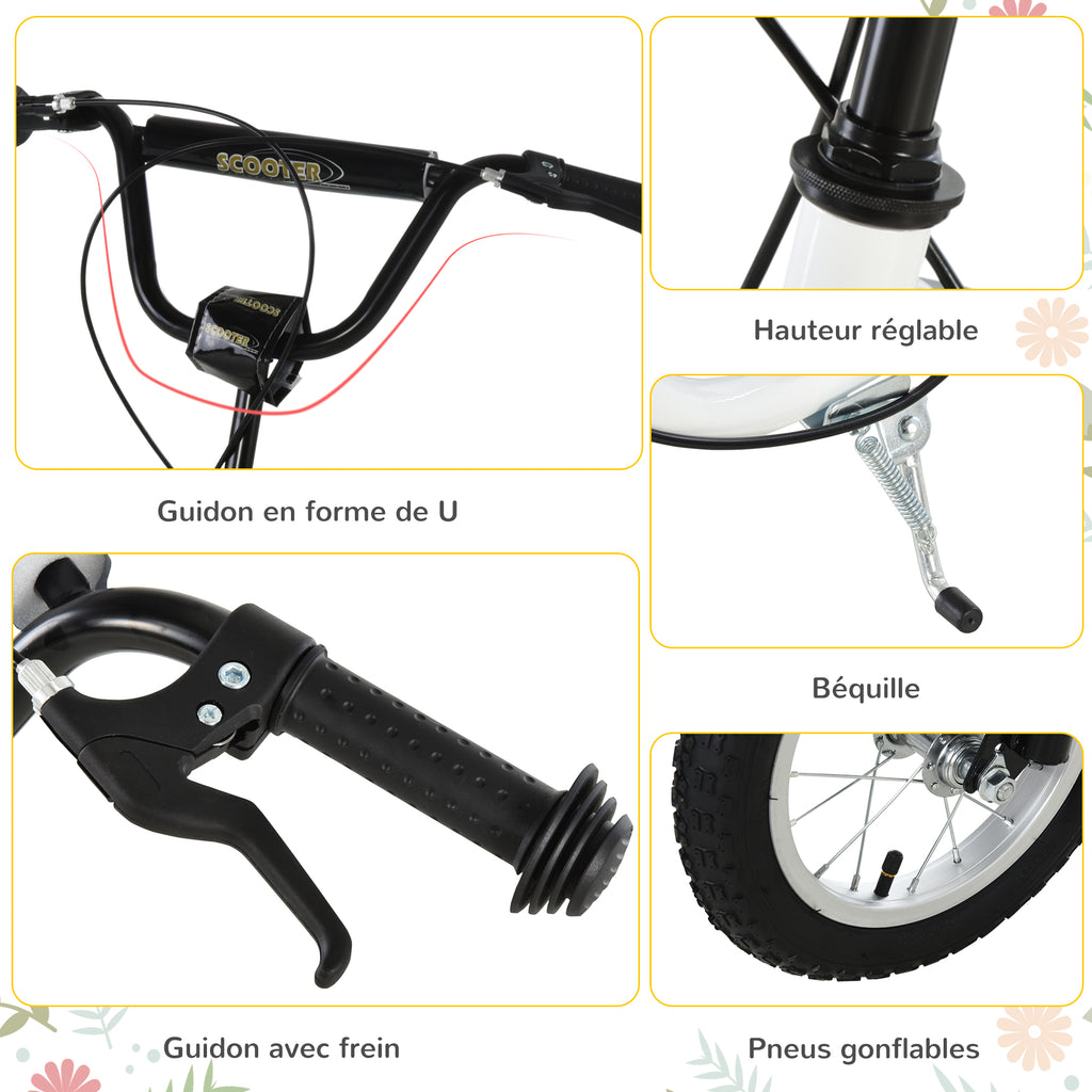Trottinette enfants, grandes roues pneumatiques 12 pouce en caoutchouc, charge 100 kg, trottinette tout terrain avec double freins, hauteur réglable et béquille latérale, 5 à 12 ans, blanc