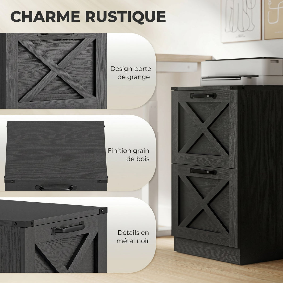 Caisson de Bureau avec 2 Tiroirs, Dossiers Suspendus pour Formats Lettre/A4, Style Rustique, 40x40x71cm, Noir