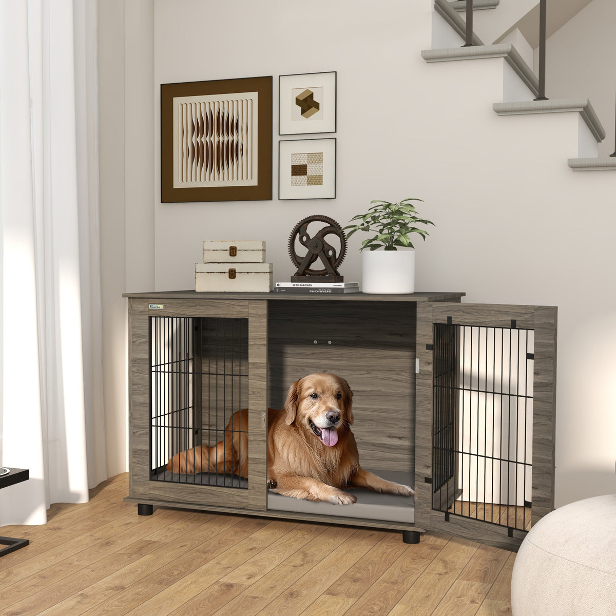 Cage pour chien 2 en 1 table d'appoint avec coussin en peluche déhoussable porte verrouillable 100 x 60 x 73,5 cm gris