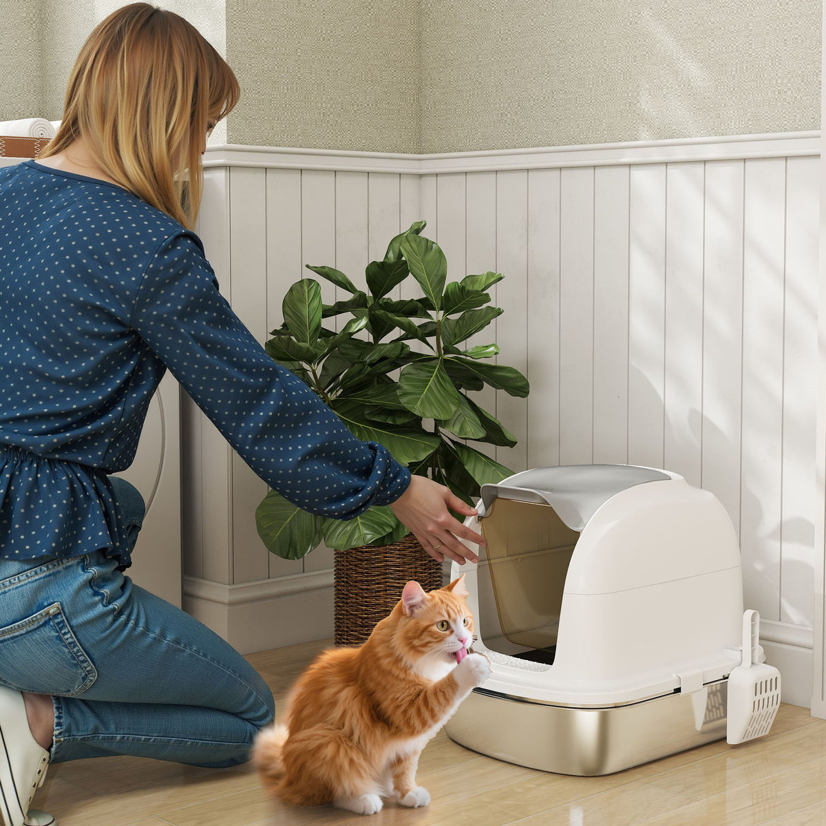 Bac à Litière pour Chat en Acier Inoxydable Caisse Litière Fermée pour Chats Couvercle Contrôle des Odeurs XL Blanc