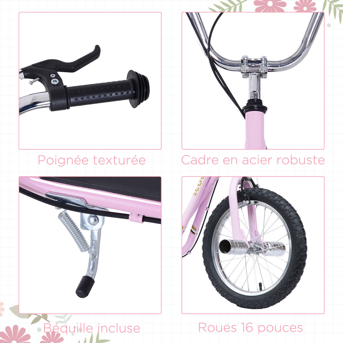 Trottinette patinette Grandes Roues pneumatiques Ø 41 cm avec pegs Rose