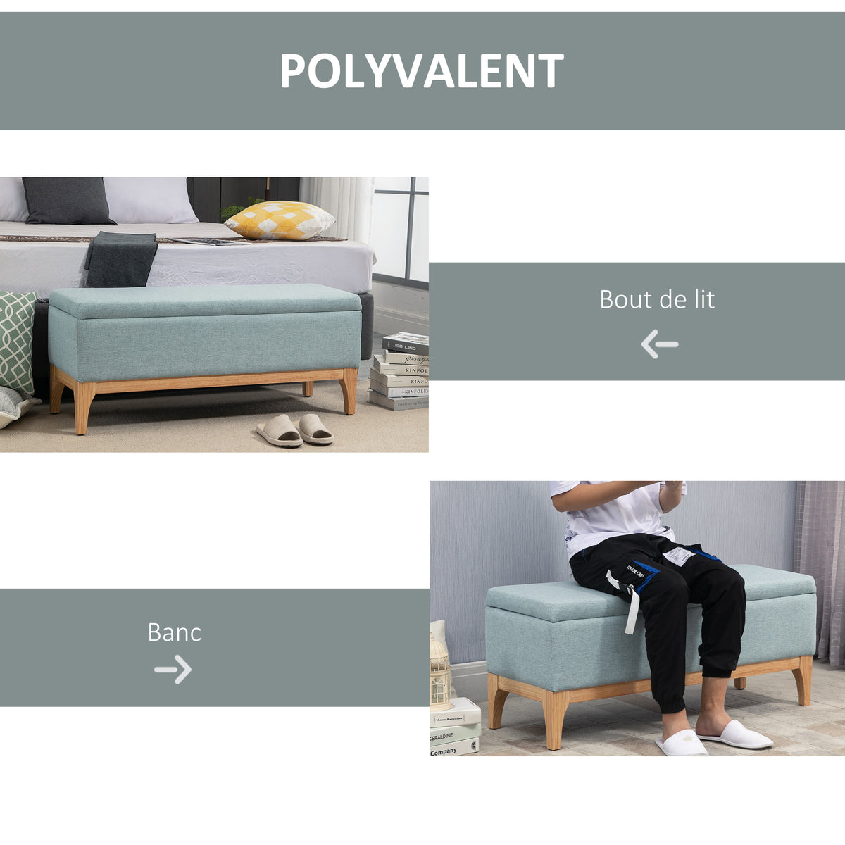 Banc de rangement, coffre de rangement avec couvercle amovible style scandinave, bout de lit en tissu lin, 110 x 39 x 45 cm, vert clair