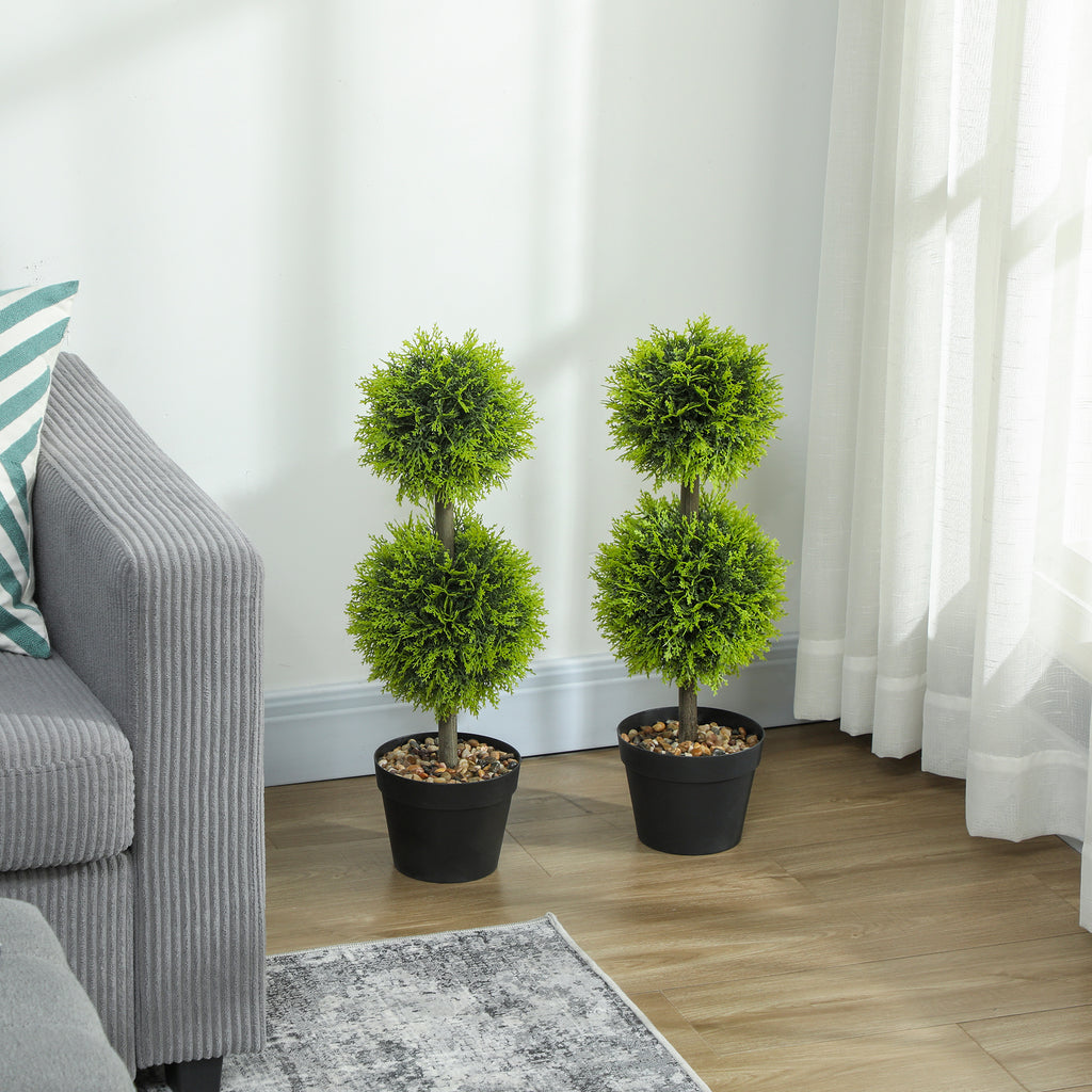 Lot de 2 plantes artificielles décoratives, boules de buis artificiel 60 cm avec pot, plastique, vert