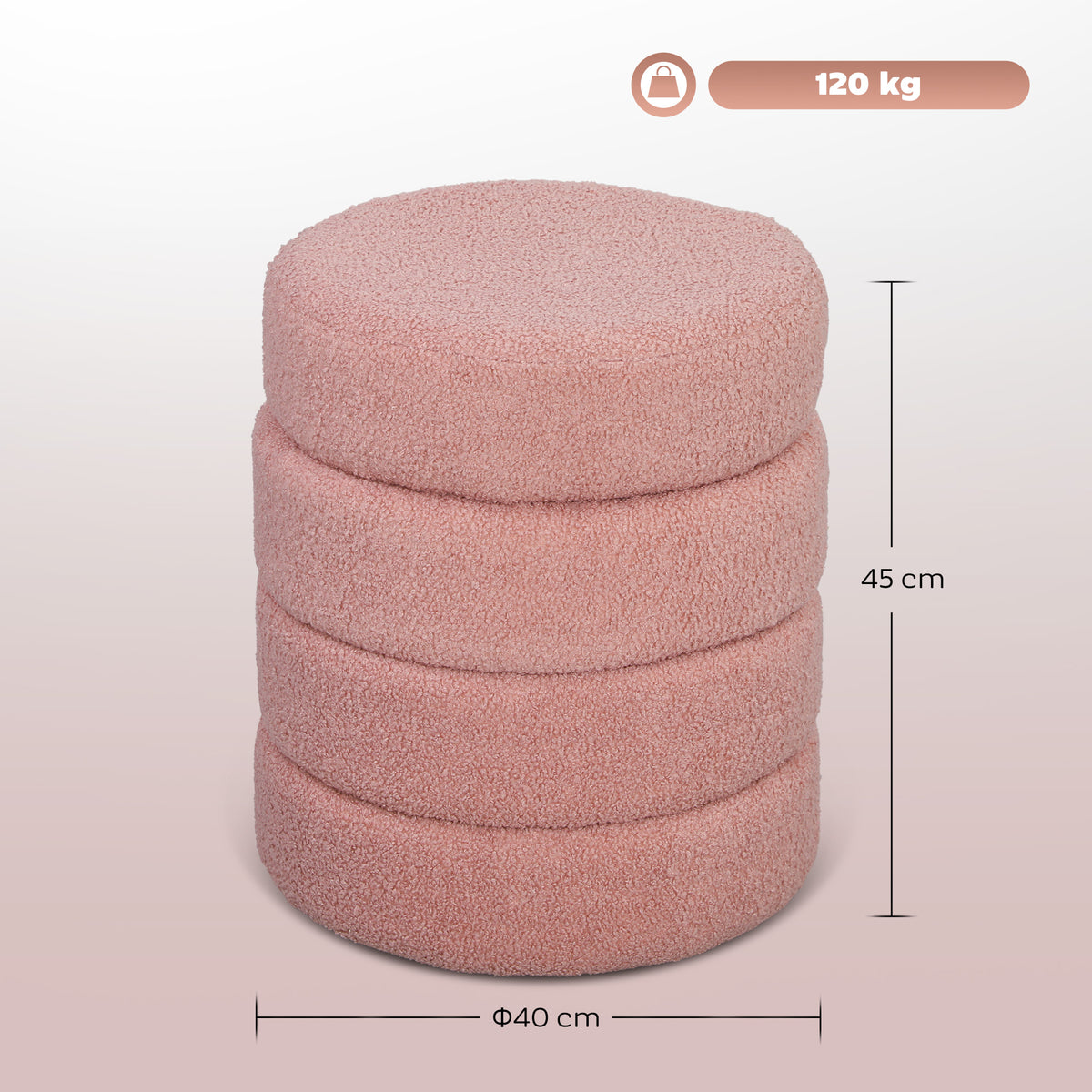 Repose pied salon, tabouret ottoman rond rembourré en peluche Teddy, pour chambre à coucher, entrée, Ø 40 x 45 cm, rose