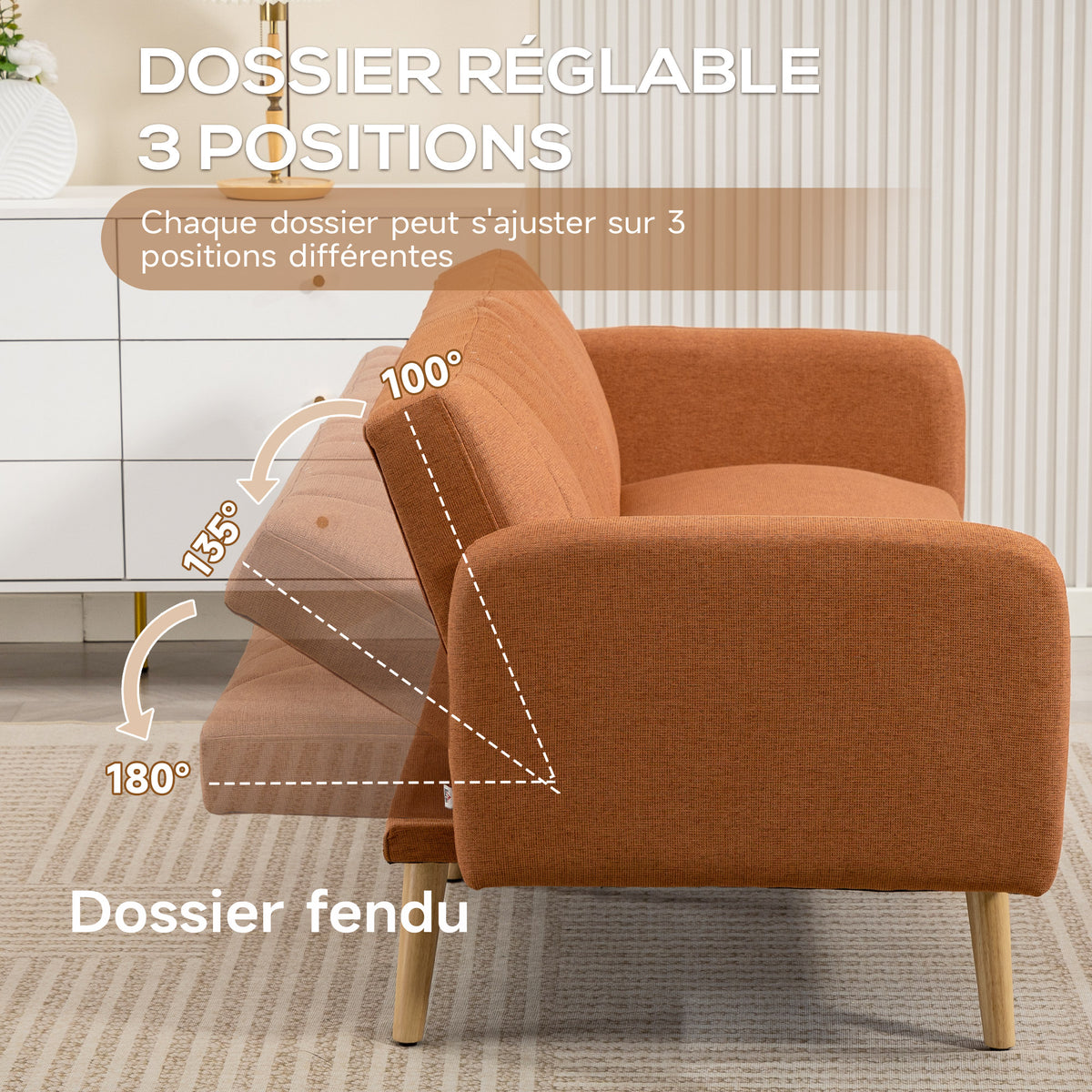 Canapé Convertible 2 Places Design scandinave Dossier inclinable 3 Positions Pieds Bois Tissu Aspect Lin marron