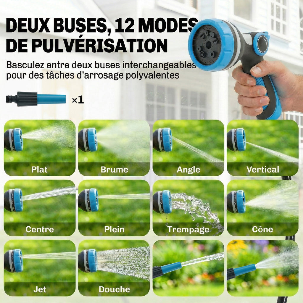 Enrouleur Tuyau Arrosage Mural Automatique 25m Dévidoir Automatique Pistolet d'Arrosage 10+2 Modes 55x31x50cm Bleu