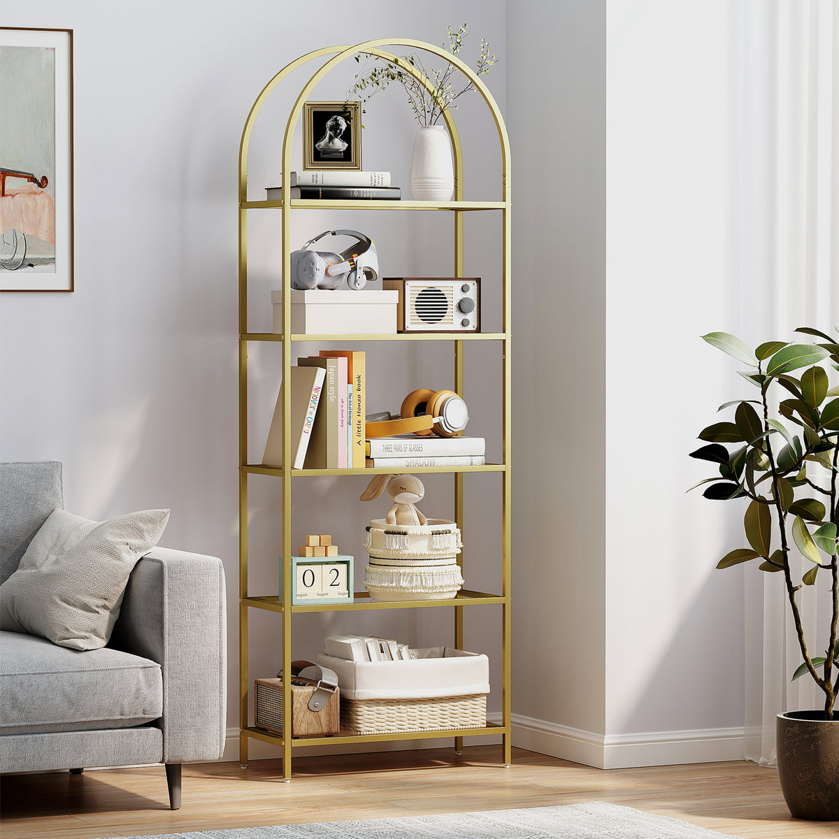 Bibliothèque étagère de rangement en verre à 5 niveaux arqué pour salon, bureau, chambre, 60 x 30 x 175 cm, doré