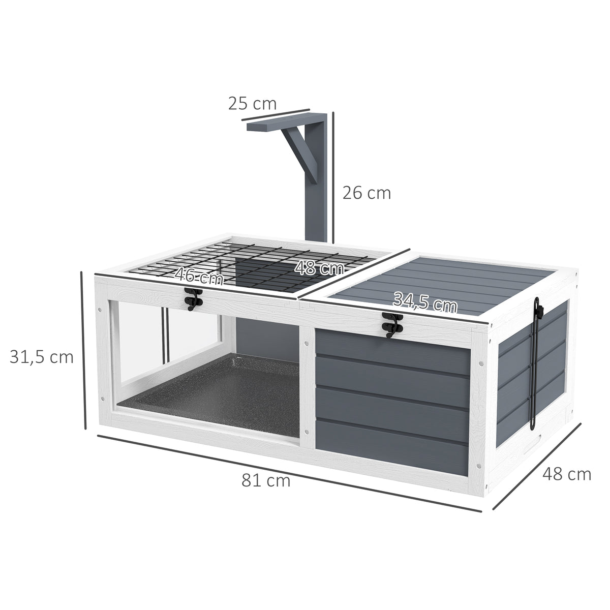 Maison enclos cage pour petit animal tortue avec 2 espaces support de lampe 81 x 48 x 31,5 cm gris