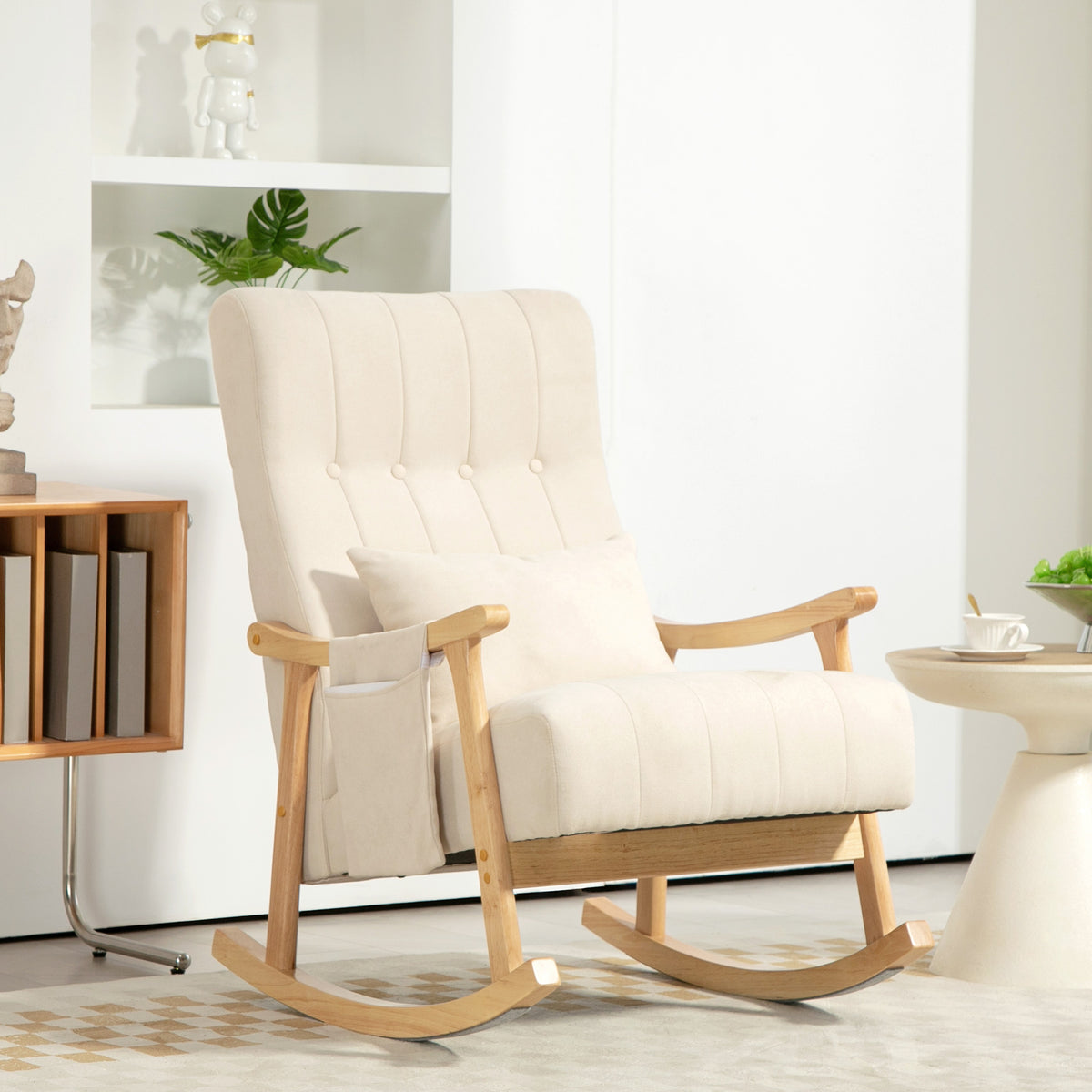 Fauteuil à bascule, Rocking Chair en Tissu Efft Lin, Coussin Lombaire, Assise Rembourrée, Pieds en Bois d'Hévéa, Beige