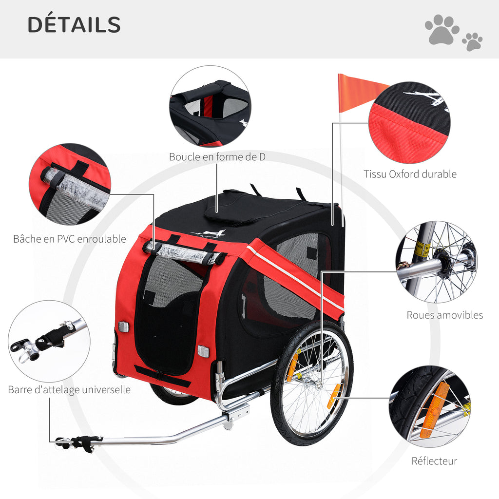 Remorque vélo pour Chien Animaux 8 réflecteurs Drapeau Barre attelage Inclus Acier Polyester imperméable Max. 30 Kg 130L x 73l x 90H cm Rouge