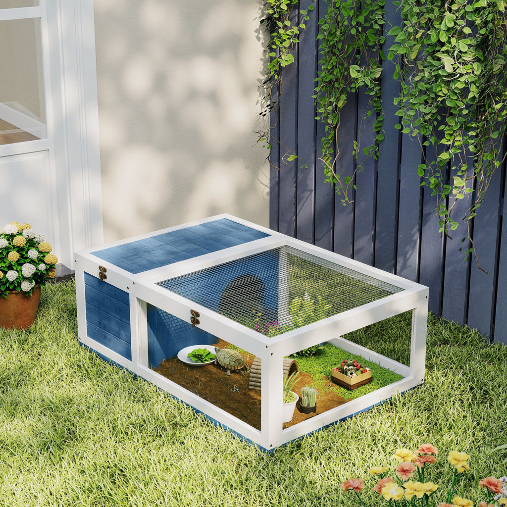 Maison enclos cage habitat pour petit animal tortues avec 2 espaces 91 x 60,5 x 32 cm bois massif bleu