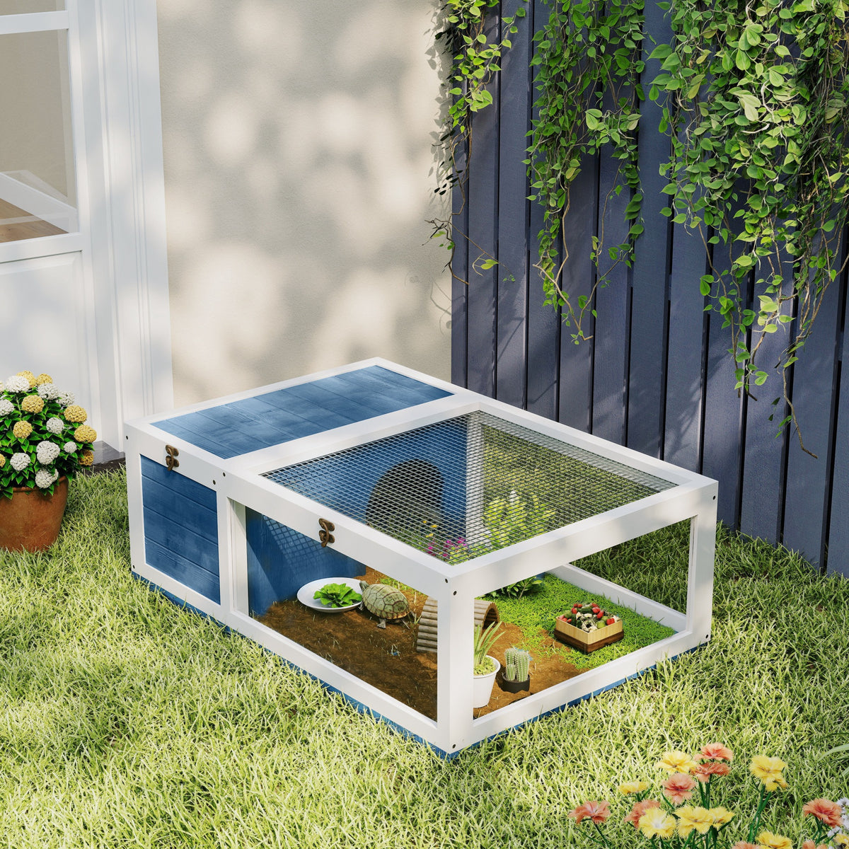 Maison enclos cage habitat pour petit animal tortues avec 2 espaces 91 x 60,5 x 32 cm bois massif bleu