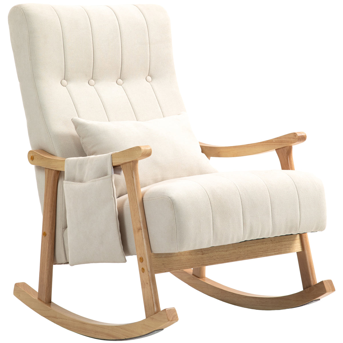 Fauteuil à bascule, Rocking Chair en Tissu Efft Lin, Coussin Lombaire, Assise Rembourrée, Pieds en Bois d'Hévéa, Beige