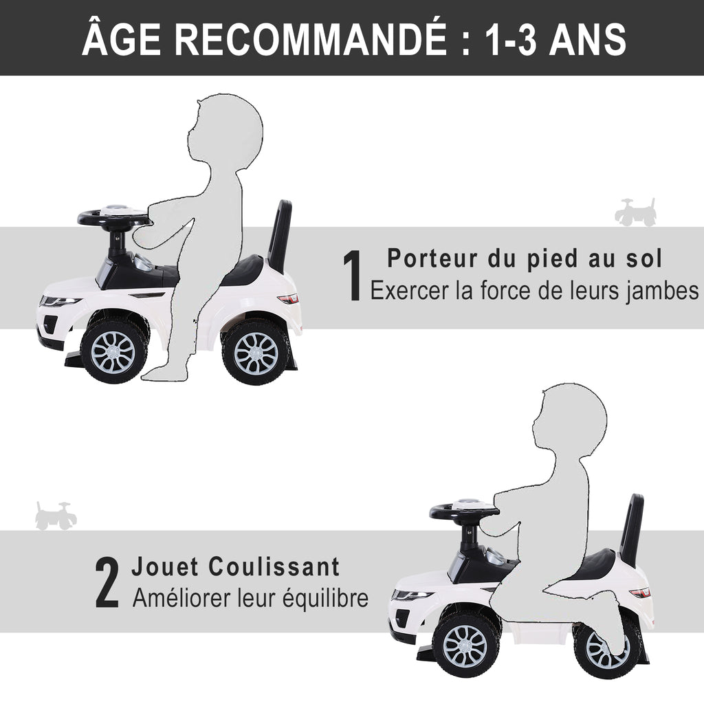 Porteur Enfant Véhicule à Pousser, Porteur Bébé avec Klaxon, Compteurs Factices et Coffre à Jouets, pour Enfants de 12 à 36 Mois, Blanc