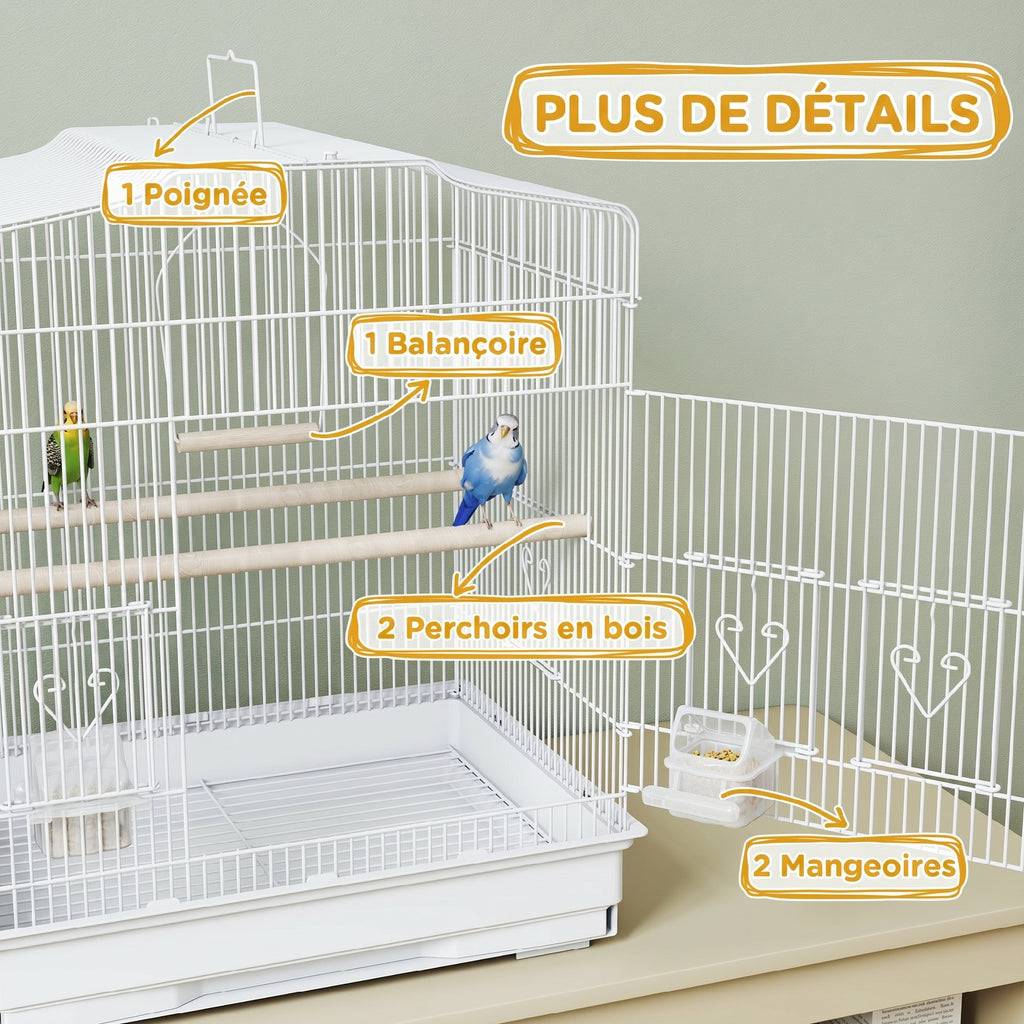 Cage à Oiseaux Volière avec Mangeoires, Perchoirs, Plateau Excrément Amovible, 46,5 x 36 x 59 cm, Blanc