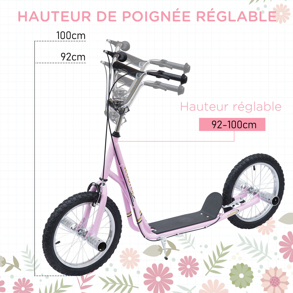 Trottinette patinette Grandes Roues pneumatiques Ø 41 cm avec pegs Rose