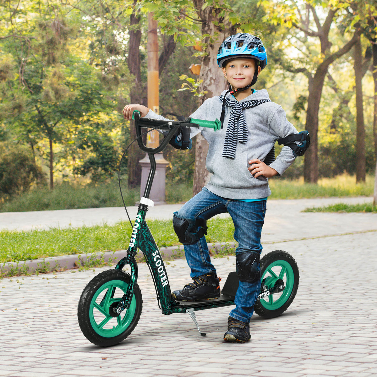 Trottinette patinette scooter enfant grandes roues de 6 à 12 ans hauteur réglable frein arrière béquille vert