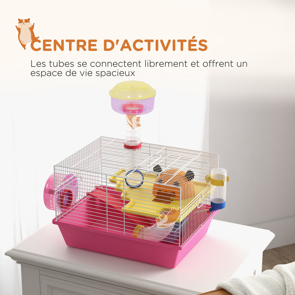 Cage à hamster rat rongeur multicolore avec plateforme, biberon eau, roue, maisonnette, 34 x 27 x 25 cm, rose