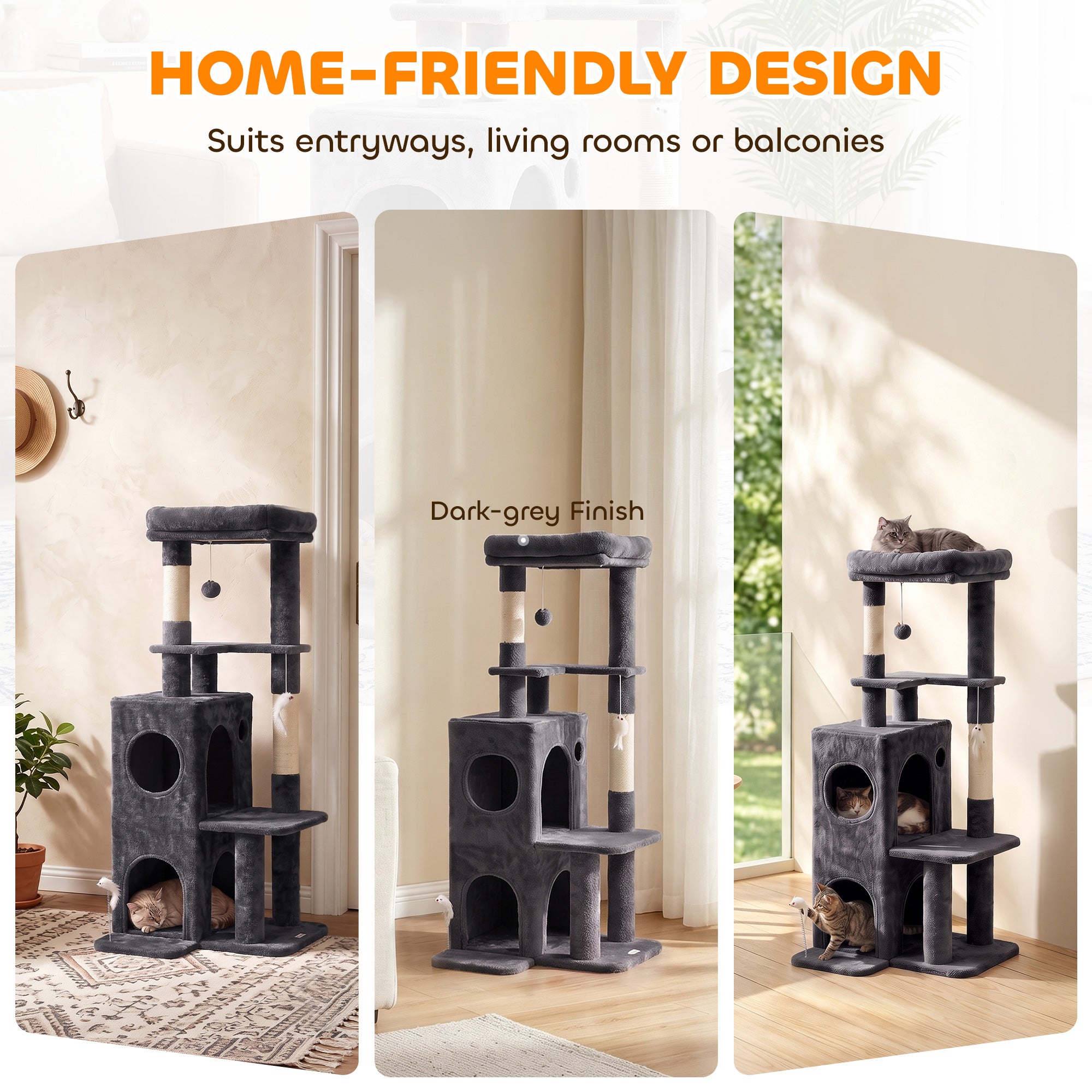 Arbre à Chat 4 Niveaux 132 cm, Niche, Lit, Plateforme, Poteaux à Griffer en Sisal, Jouets Suspendus, Gris Foncé
