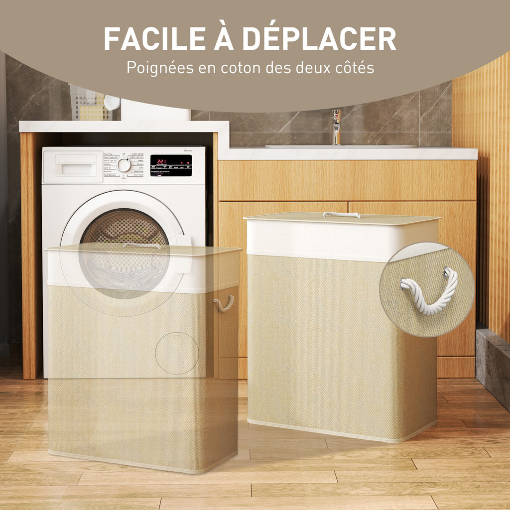 Panier à linge double avec couvercle, panier à linge en bambou 100 L avec poignées en corde