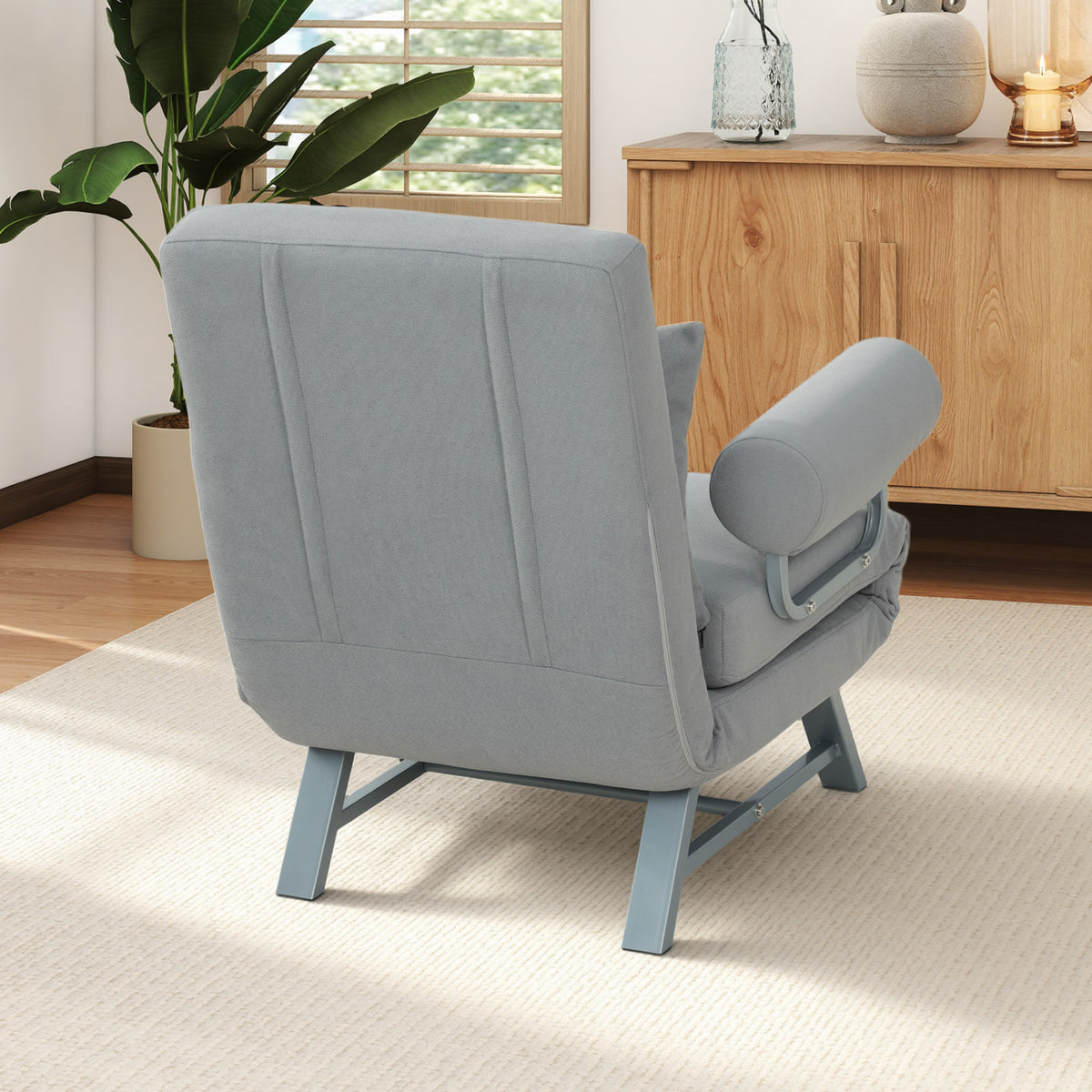 Fauteuil Convertible 1 Place, Fauteuil-Lit Pliable Rembourré en Lin avec Dossier Réglable, Oreiller, Gris Clair