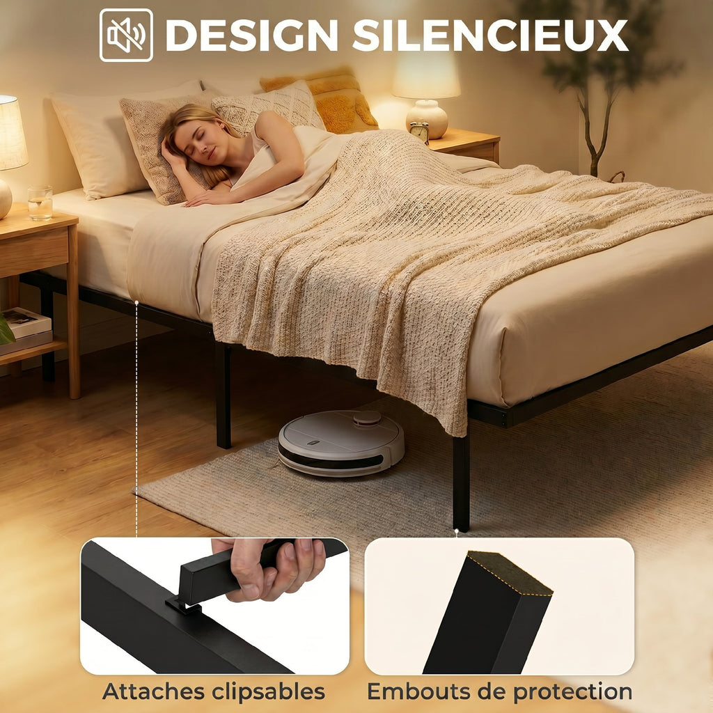 Cadre de lit 90 x 200 cm avec sommier en métal, lit simple avec rangement au-dessous, sans bruit, montage facile, noir