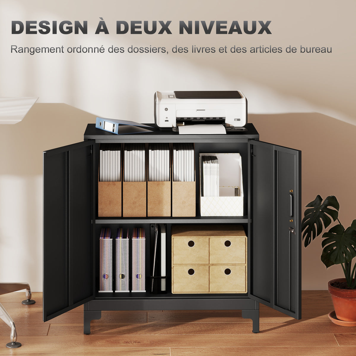 Armoire de bureau à 2 niveaux, meuble de rangement bureau métallique avec 2 portes verrouillables, 80 x 35 x 91 cm, noir