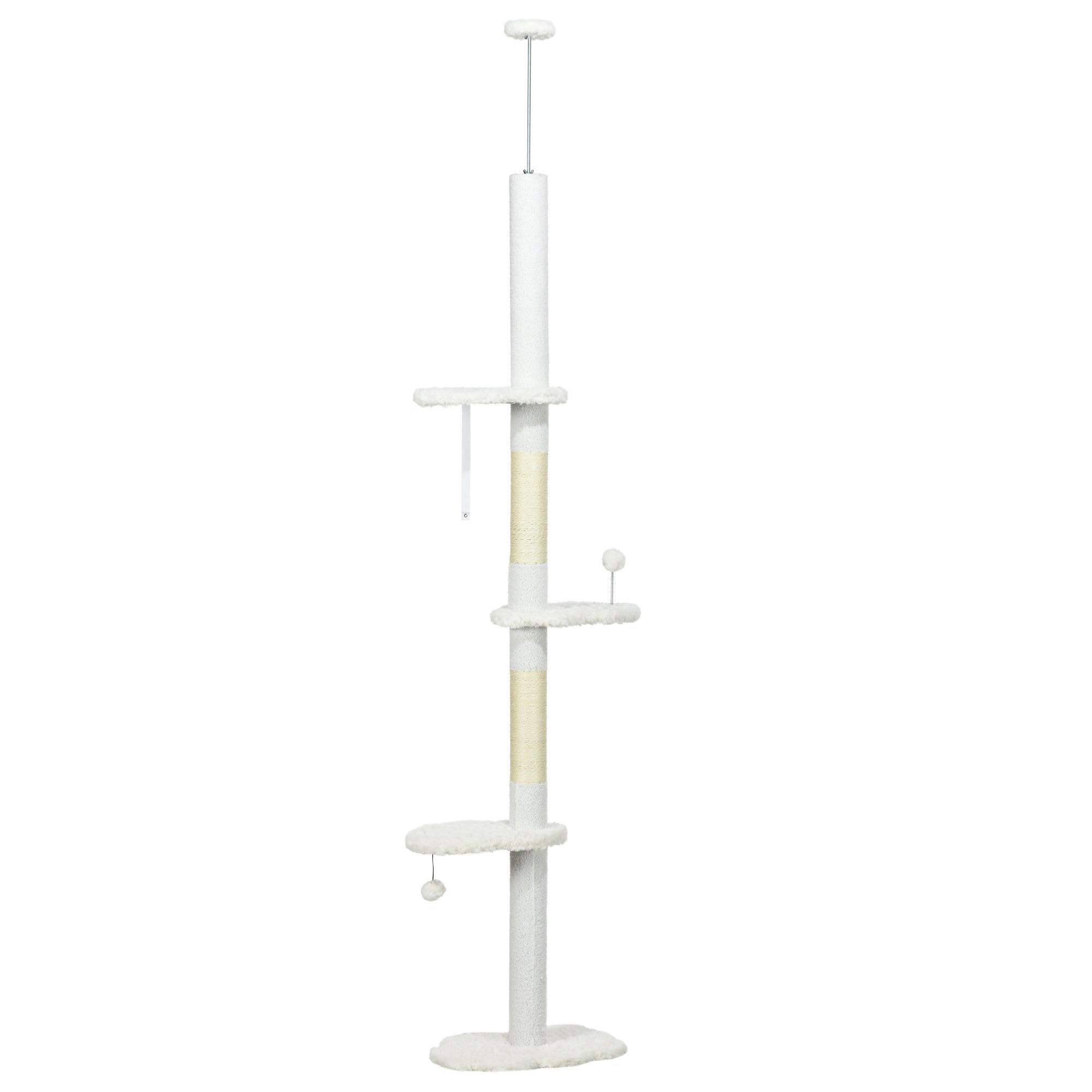 Arbre à chat 225-255 cm réglable en hauteur Tour pour chat 3 griffoirs et 2 balles 48x32x225-255 cm blanc