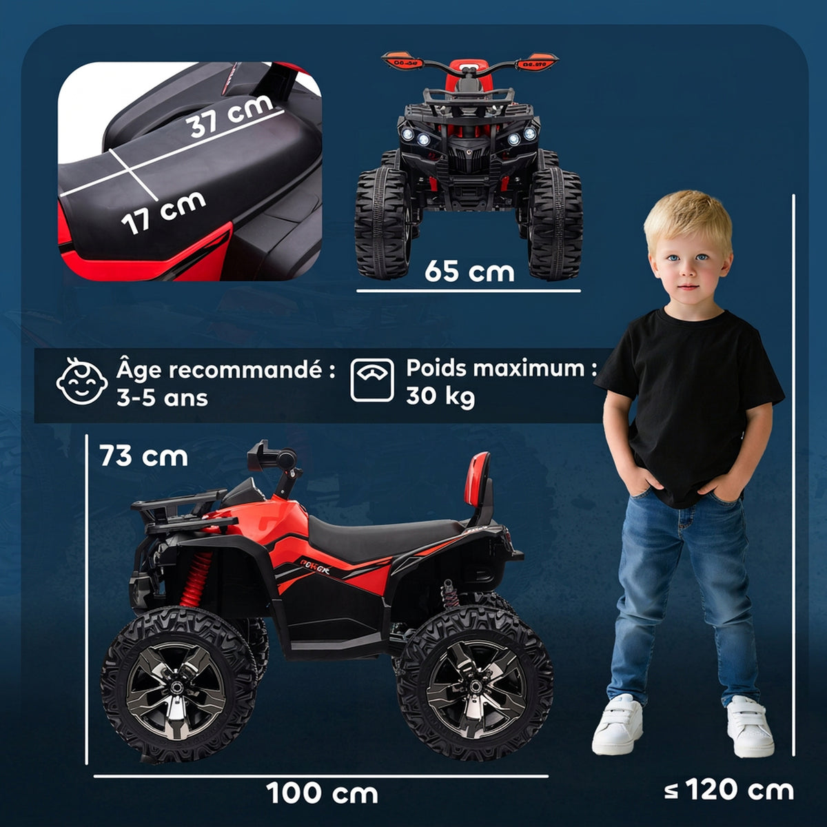 Quad Buggy électrique Enfant 12 V 8 Km/h Max. Voiture électrique Enfant avec Effets Lumineux sonores Selle avec Dossier Porte-Bagage Avant métal PP Rouge Noir