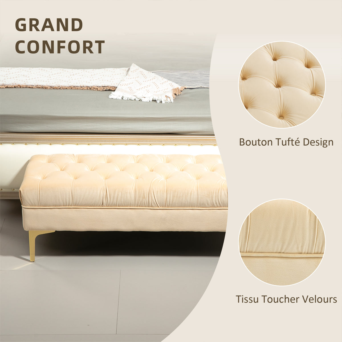 Banc banquette capitonnée bout de lit style classique chic dim. 118L x 45l x 42H cm piètement métal doré velours beige