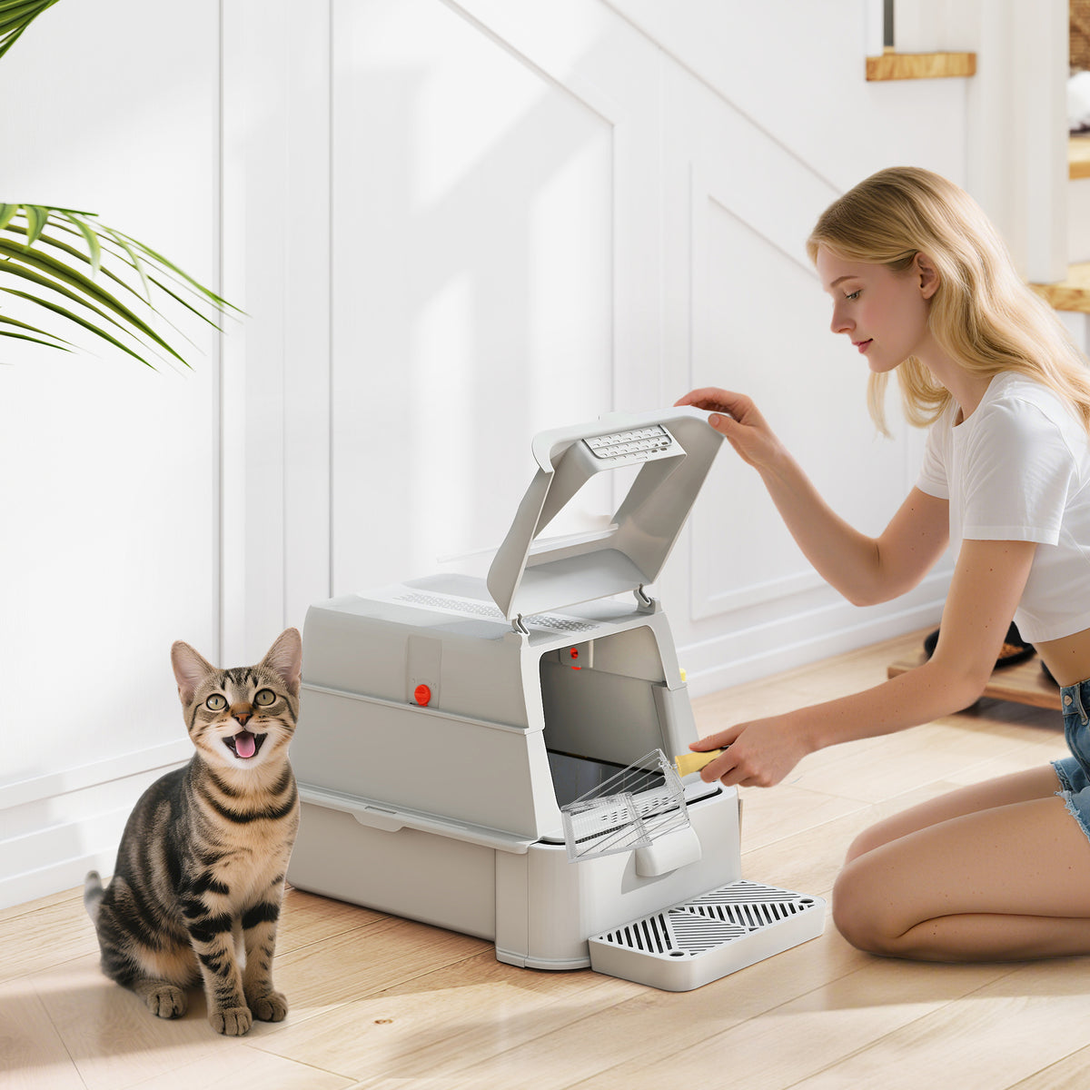 Bac à Litière pour Chat 80L en Inox avec Couvercle Rabattable à 180°, Tiroir Coulissant, Pelle, 63x43x43cm, Gris Clair