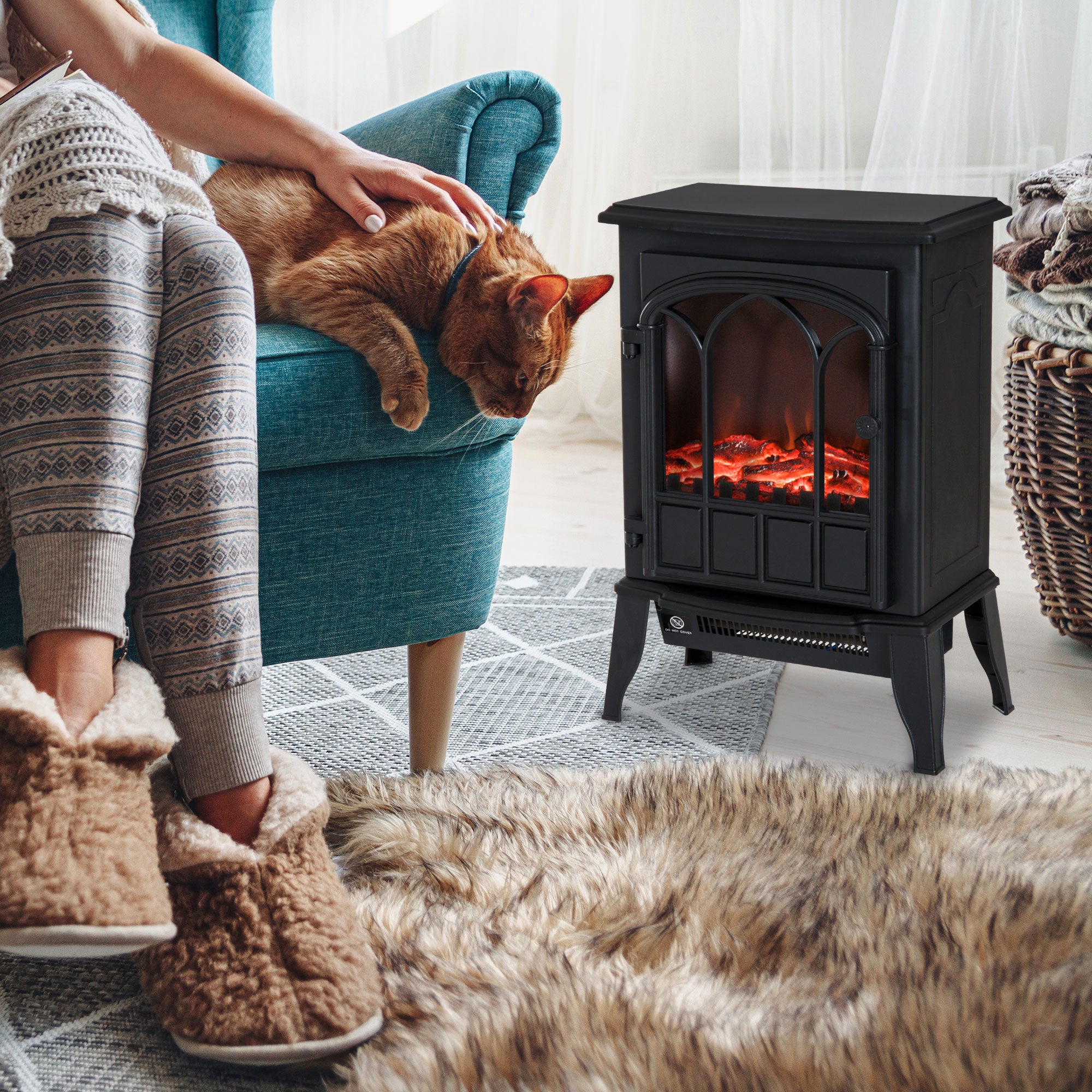 Cheminée électrique sur pied 1000/2000 W, fausse cheminée décorative avec effet flamme LED, protection contre la surchauffe, zone de couverture 15-30 m², noir