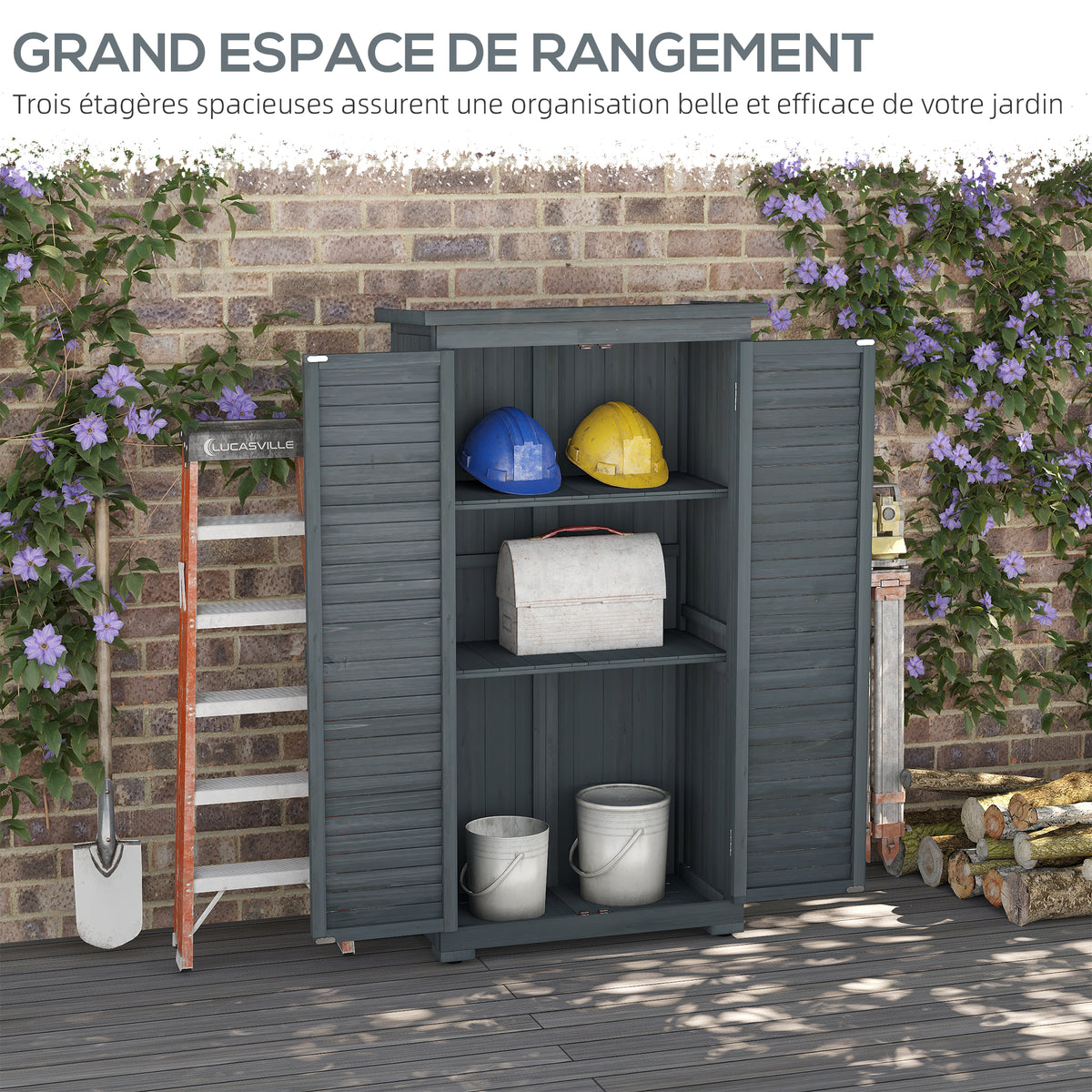 Armoire de jardin remise pour outils en bois 2 étagères toit bitumé portes persiennes 87 x 47 x 160 gris