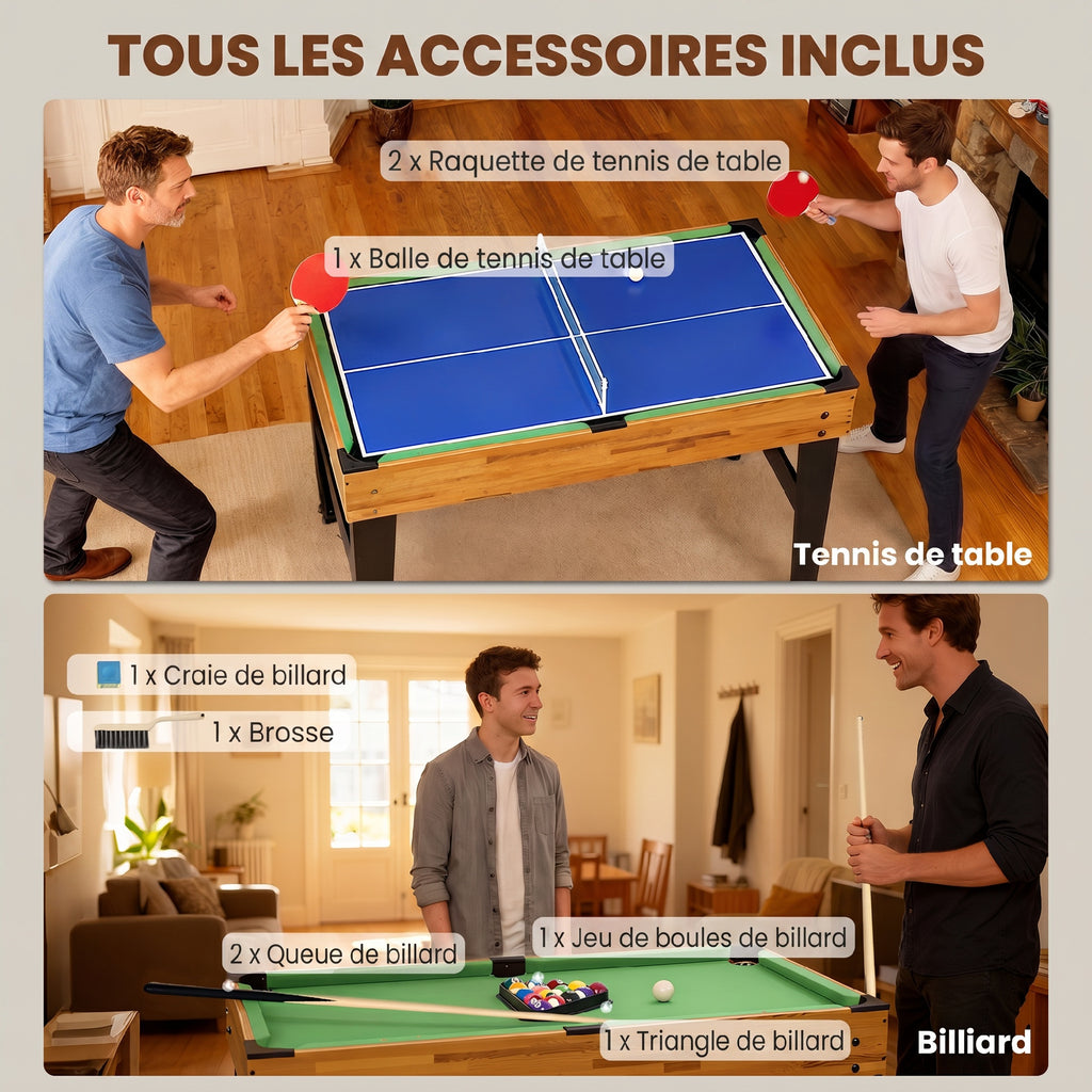 Table multijeux 13 en 1, table de jeu baby-foot, billard, ping-pong, 121x109x80cm, pour enfants et adultes, noyer clair