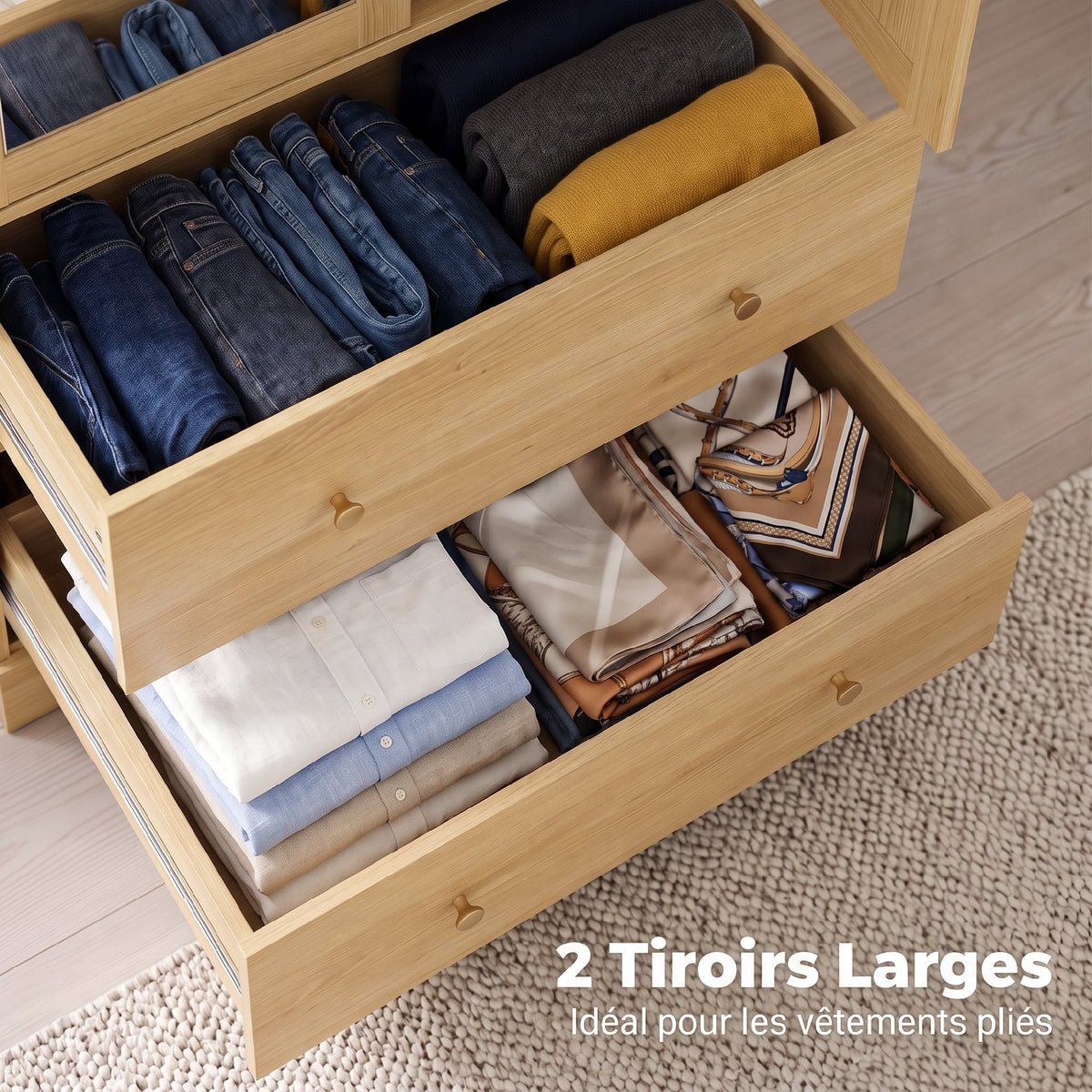 Armoire chambre penderie avec miroir, 2 portes, 2 tiroirs et barre de suspension, 80 x 50 x 180 cm, chêne