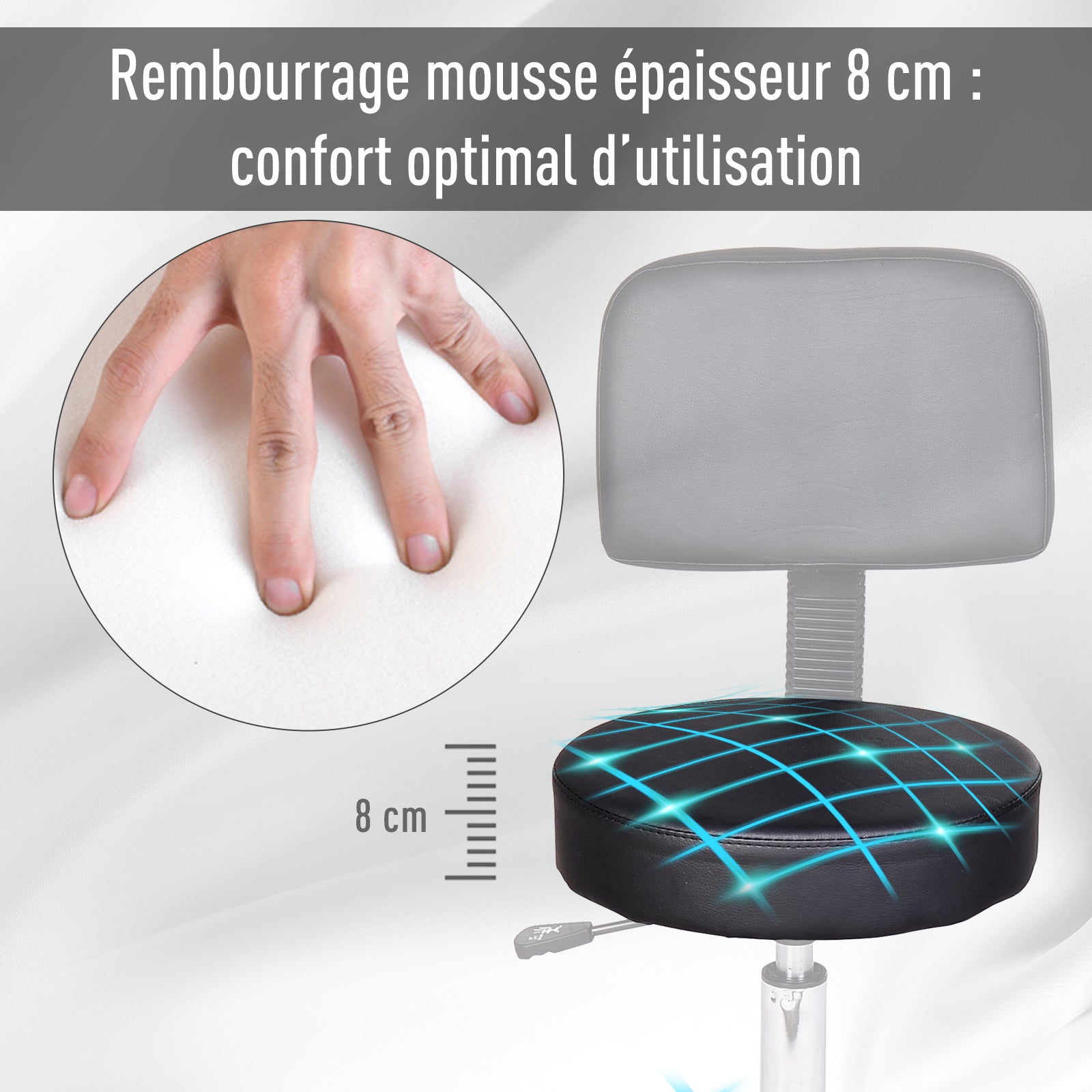 Tabouret massage a roulettes reglable en hauteur pivotant avec dossier ergonomique noir