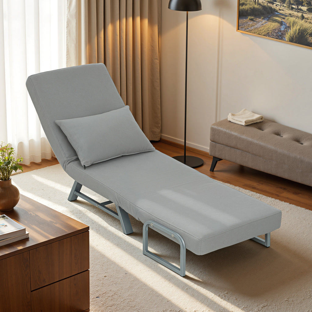 Fauteuil Convertible 1 Place, Fauteuil-Lit Pliable Rembourré en Lin avec Dossier Réglable, Oreiller, Gris Clair