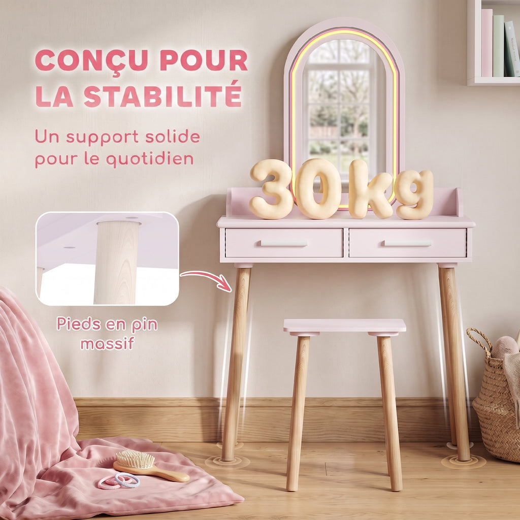 Coiffeuse Enfant en Bois avec Miroir LED 3 Couleurs, Tabouret, Tiroir et Plateau Spacieux, 60x36x100cm, 3 à 8 Ans, Rose