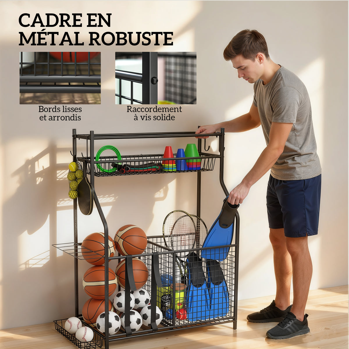 Rangement d'équipements de sport, avec paniers, crochets amovibles, sangles élastiques, 92 x 42 x 109 cm, noir