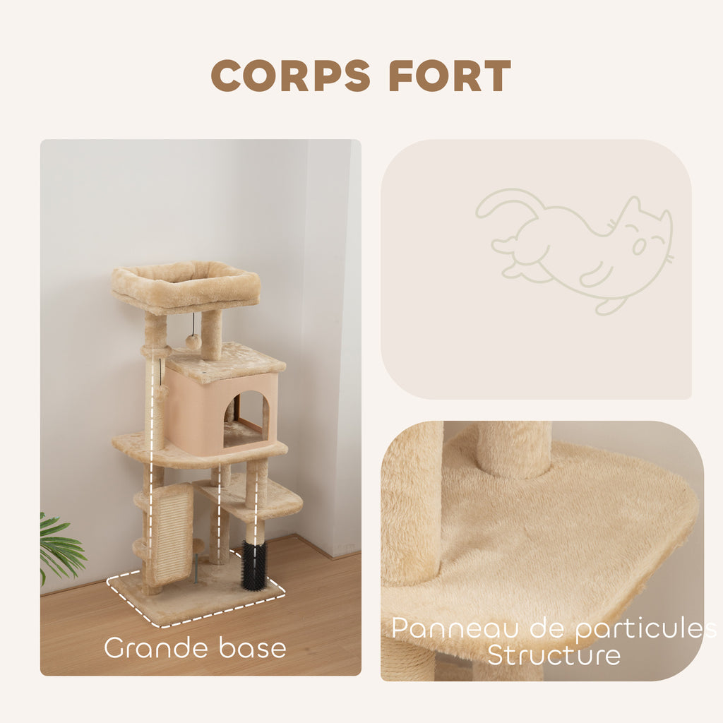 Arbre à Chat, Tour de Jeux, Hauteur de 104 cm, avec Lit, Maison, Brosse de Toilettage, 44l x 34P x 104H cm, Beige
