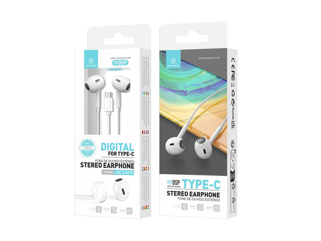 Techancy Auricular Estéreo Tipo C Branco  TD8046, Com Microfone, Controlo Do Volume De Chamadas, Plug And Play