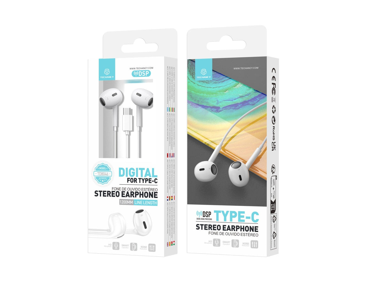 Techancy Auricular Estéreo Tipo C Branco  TD8046, Com Microfone, Controlo Do Volume De Chamadas, Plug And Play