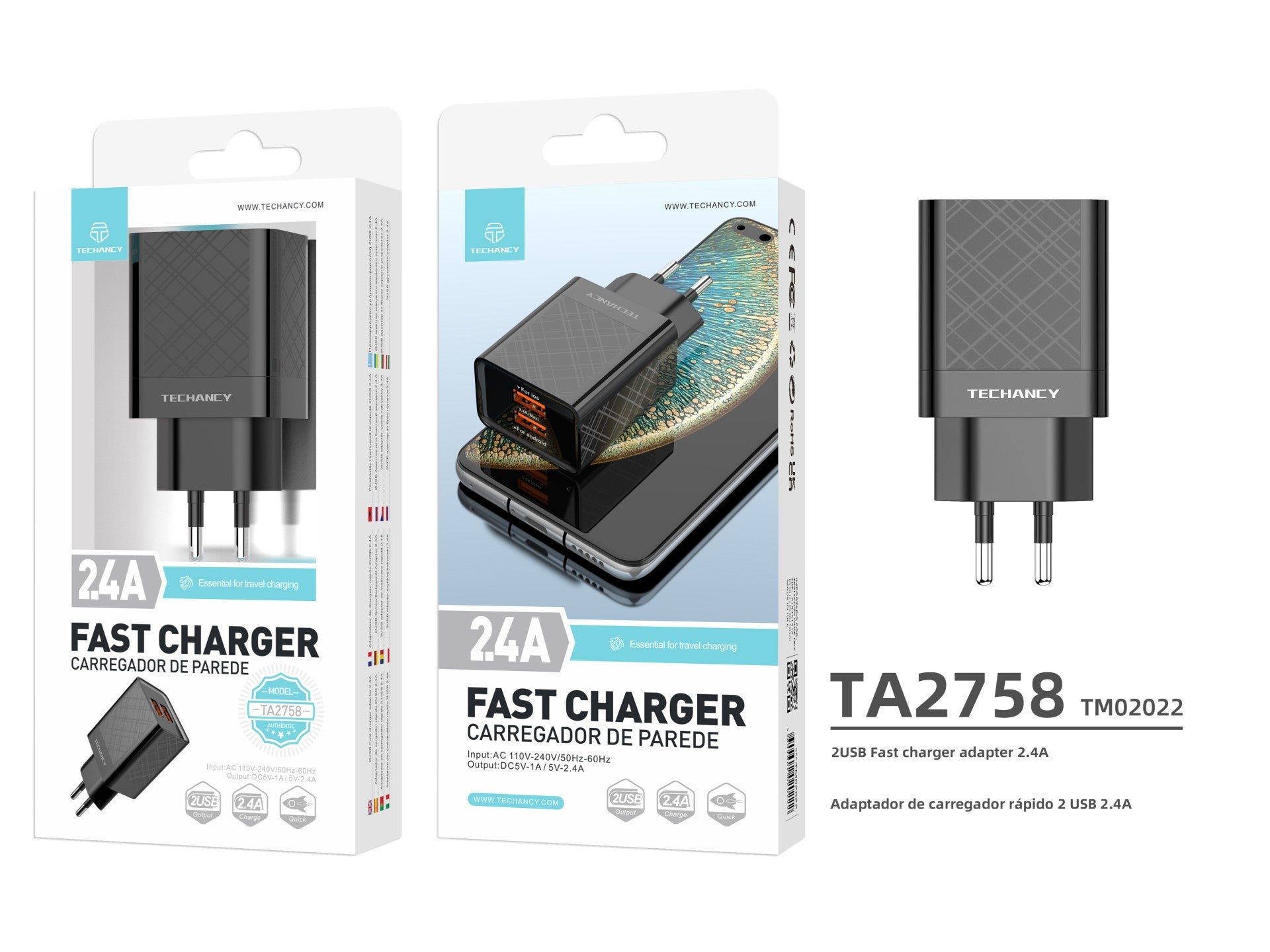 Techancy Carregador Usb 2.4A Preto  TA2758, 2usb Output, Chip Inteligente Integrado, Carregamento Simultâneo Multi-Device