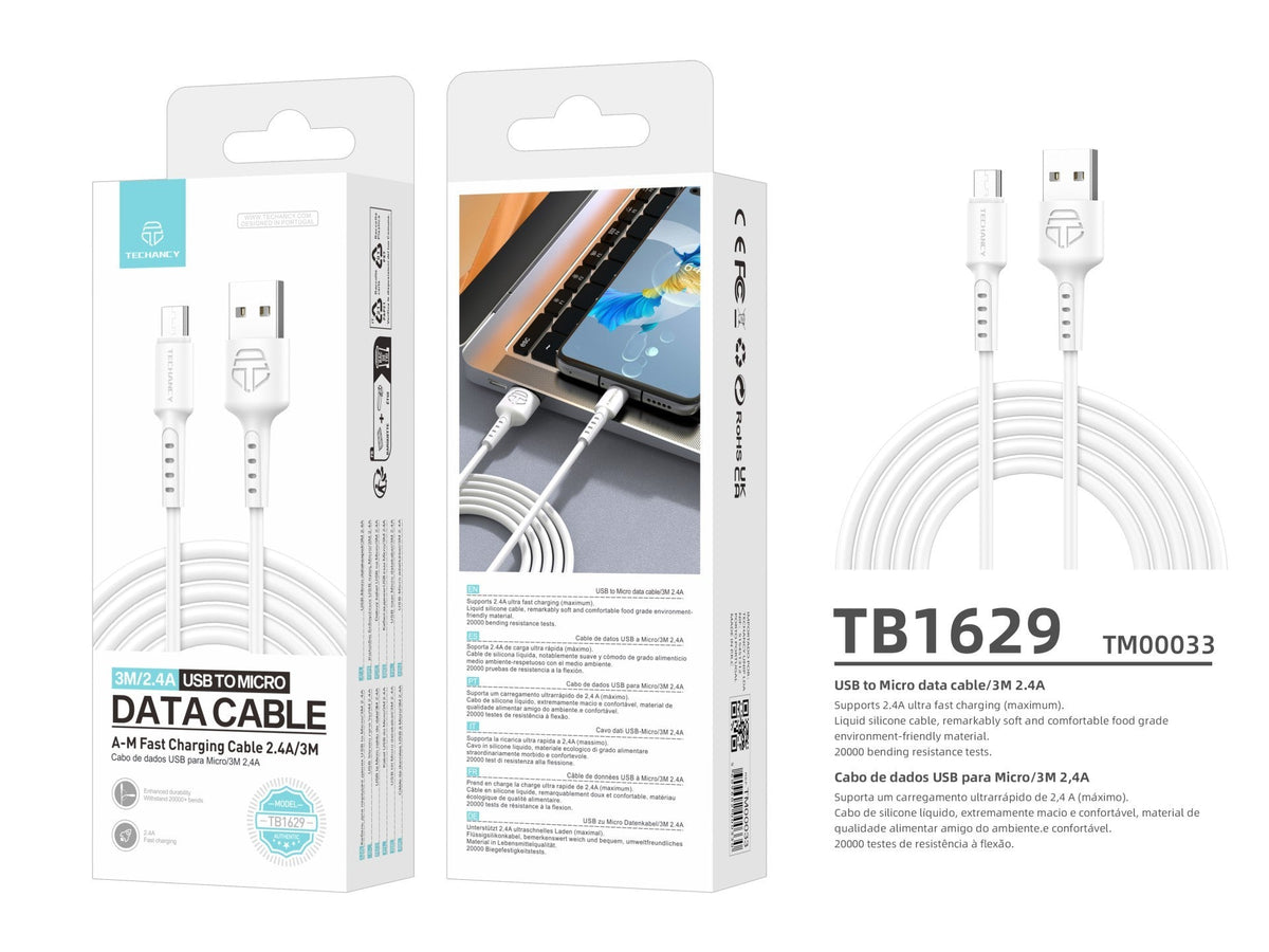Techancy Cabo De Dados Branco TB1629, Cabo De Carregamento Rápido Usb Para Micro, 3 M/2,4 A, Compatível Com Dispositivos Android
