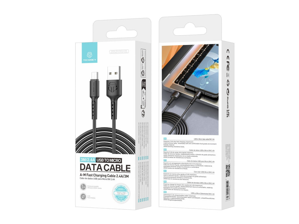 Techancy Cabo De Dados Preto TB1629, Cabo De Carregamento Rápido Usb Para Micro, 3 M/2,4 A, Compatível Com Dispositivos Android