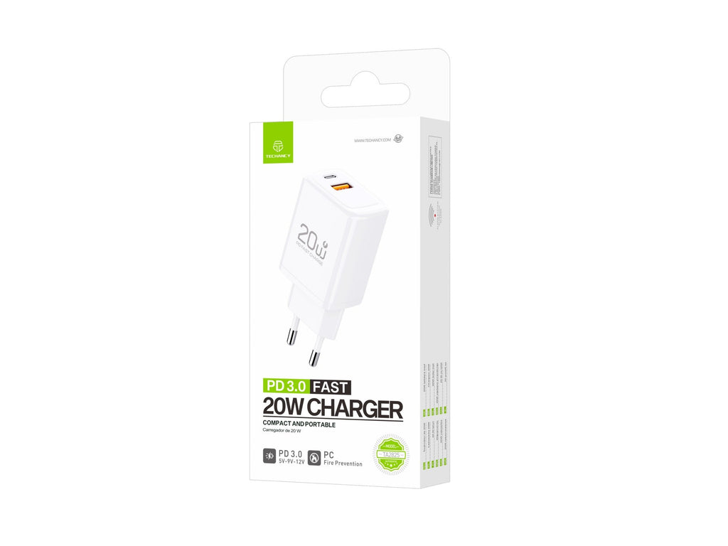 Techancy Carregador TA2825 PD3.0 20W com Duas Portas USB-C e USB-A Compativel com Diversos Telemoveis e Tablets