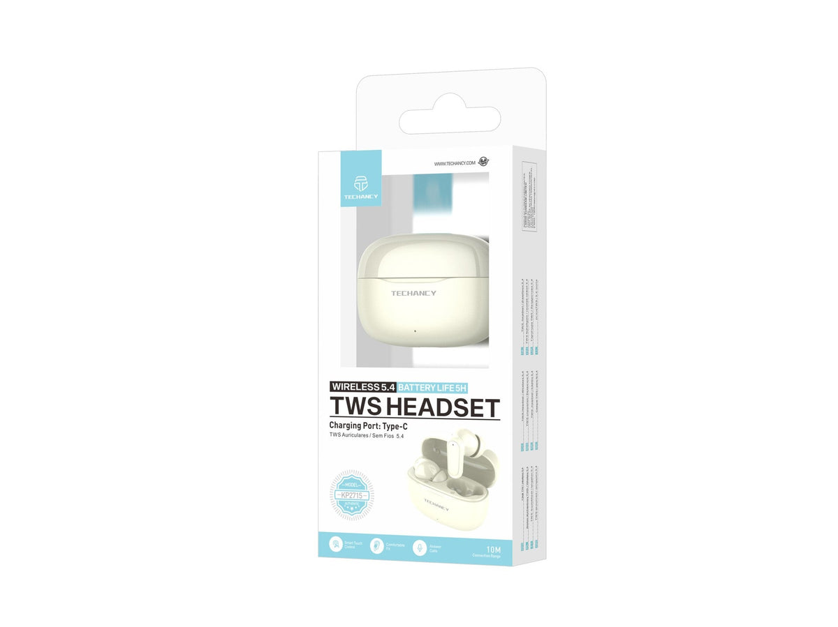 Techancy Auriculares Bluetooth TWS Wireless 5.4 KP2715 Microfone HD Toque inteligente USB C para Android iPhone Creme