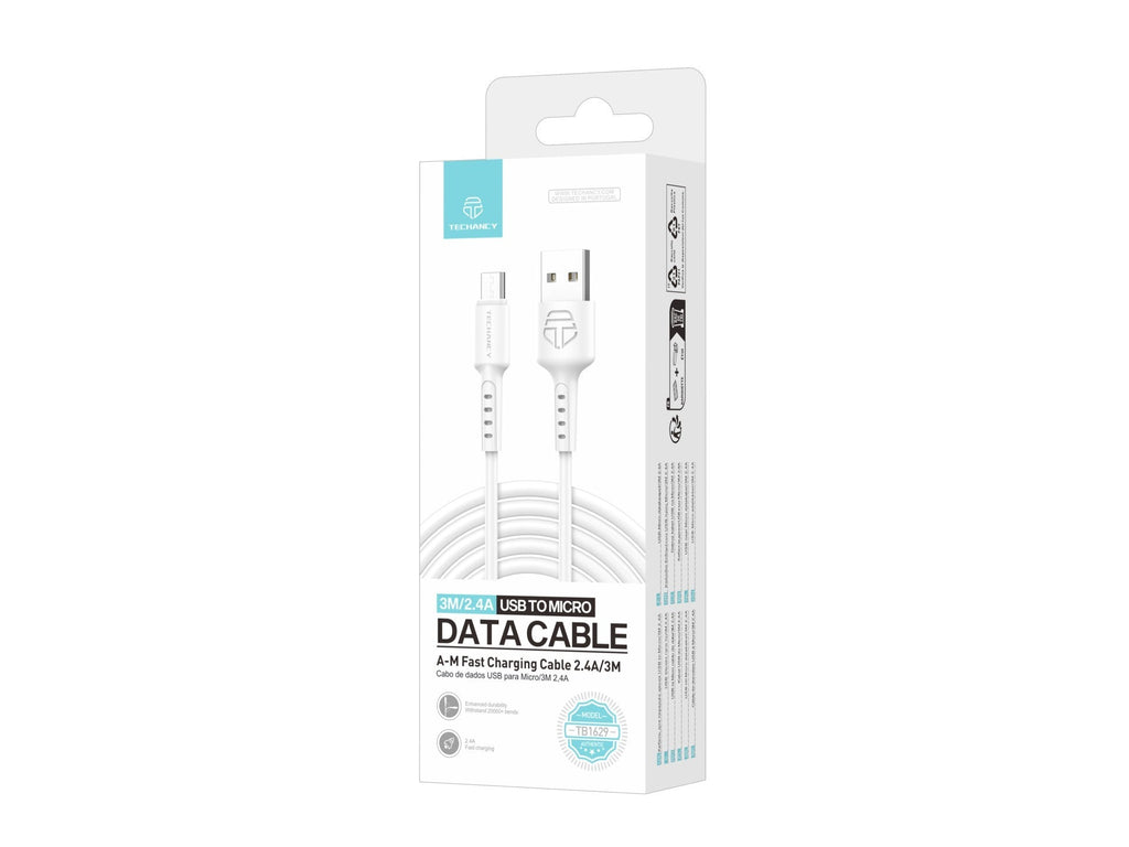 Techancy Cabo De Dados Branco TB1629, Cabo De Carregamento Rápido Usb Para Micro, 3 M/2,4 A, Compatível Com Dispositivos Android