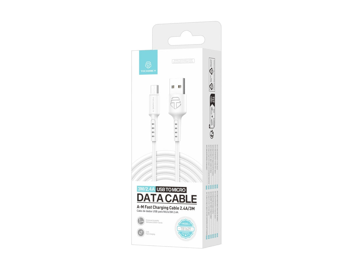 Techancy Cabo De Dados Branco TB1629, Cabo De Carregamento Rápido Usb Para Micro, 3 M/2,4 A, Compatível Com Dispositivos Android